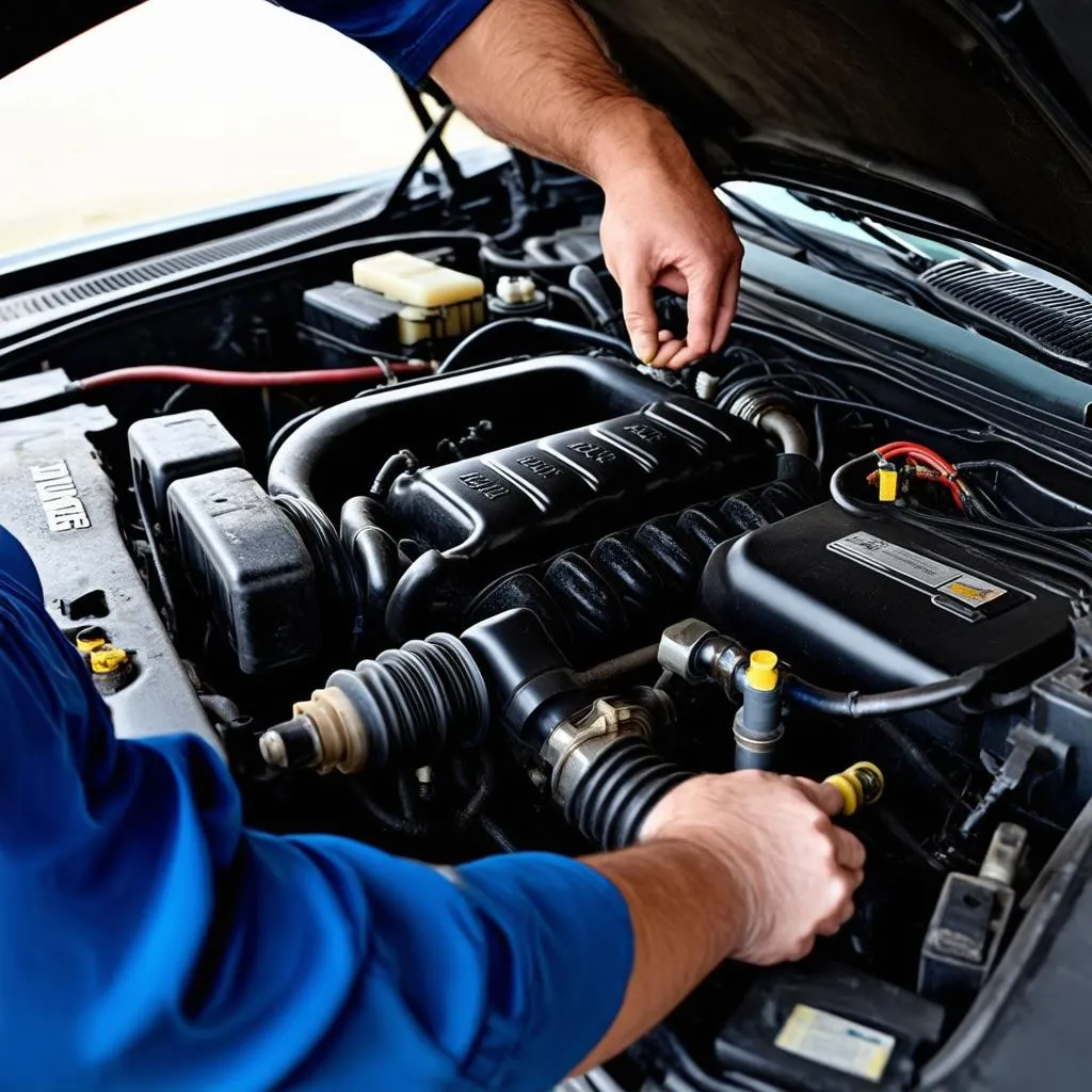  A mechanic inspecting the engine bay of a 2002 diesel Chevrolet. 